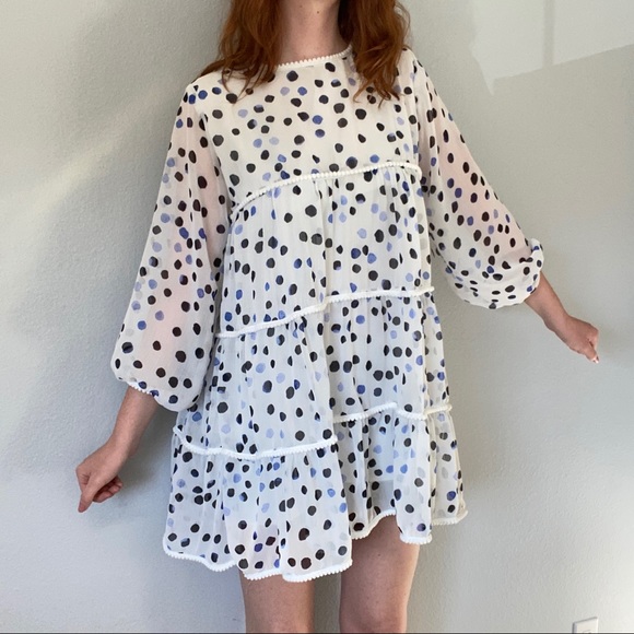 Polka Dot babydoll dress with pom pom detail - Picture 2 of 4